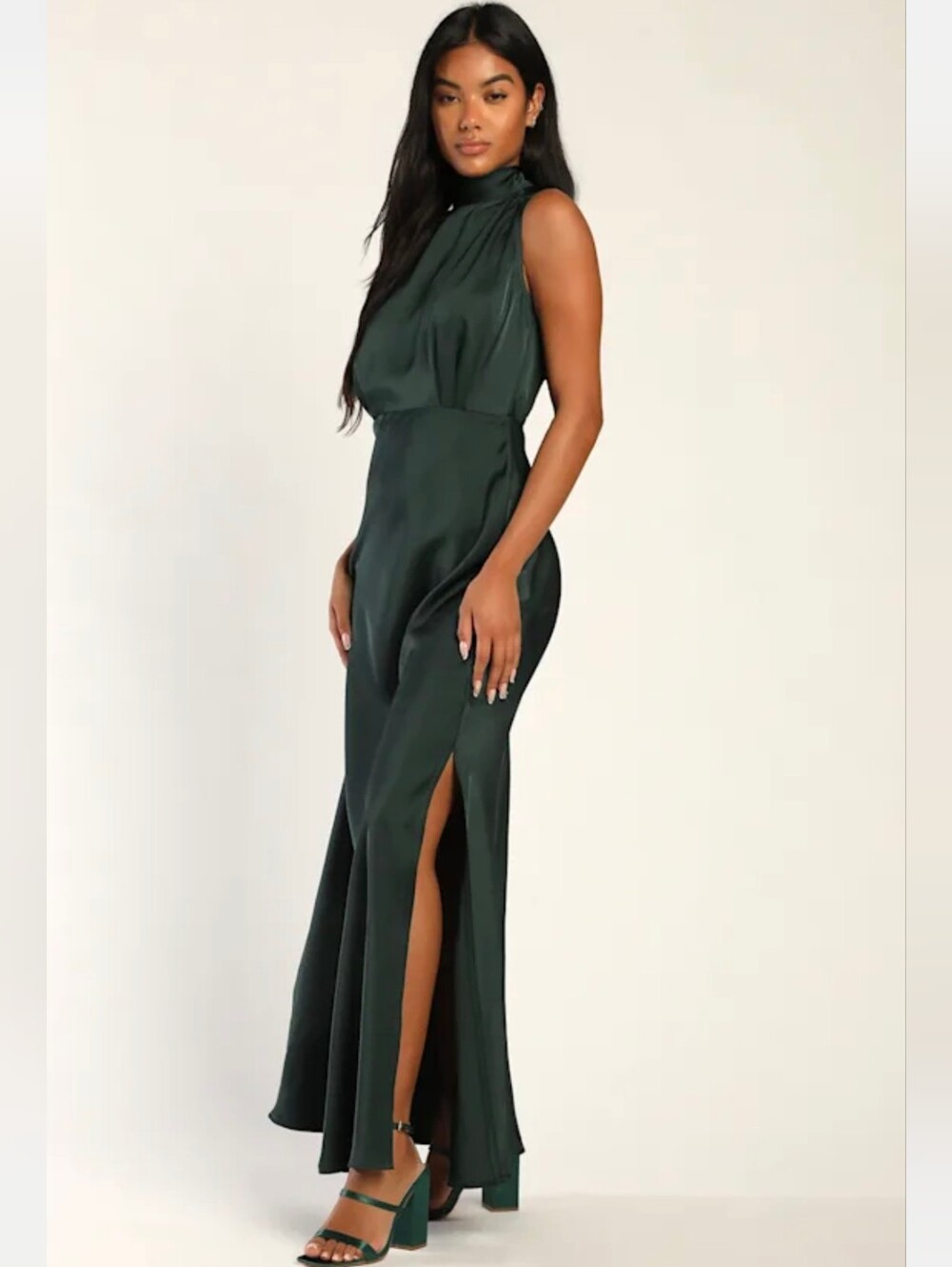 NWOT Lulus Classic Elegance Green Satin Sleeveless Mock Neck Maxi Dress XS